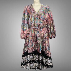 Ashley Stewart Womens Dress Plus Size 18 Paisley Faux Wrap Midi Boho Classic